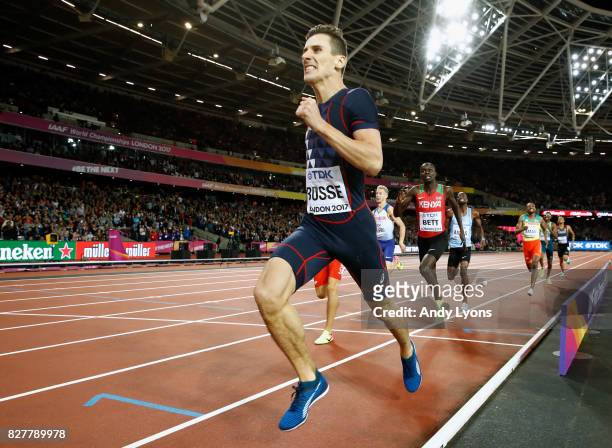 Pierre-Ambroise Bosse of France crosses the line to win the Men's 800 metres final during day five of the 16th IAAF World Athletics Championships...