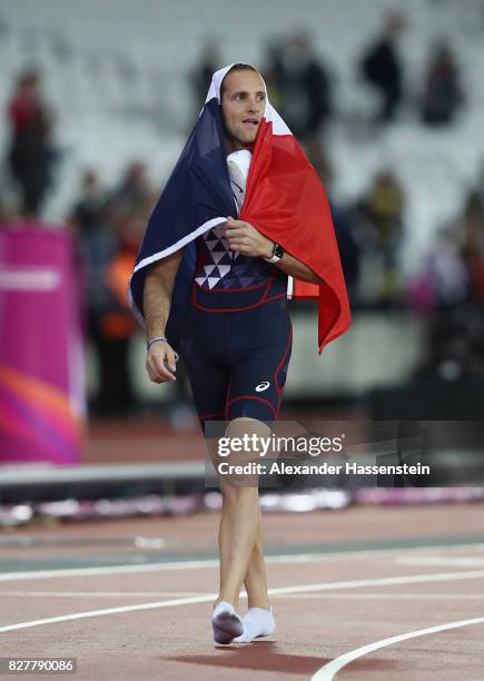 Renaud Lavillenie of France, bronze, celebrates after the Men's Pole Vault final during day five of the 16th IAAF World Athletics Championships...