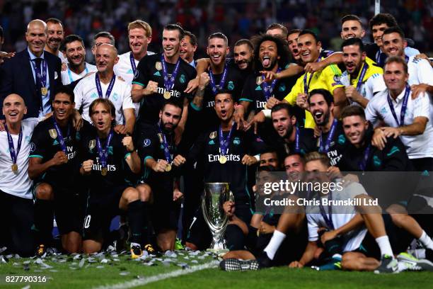 Cristiano Ronaldo of Real Madrid celebrates the win with his team during the UEFA Super Cup match between Real Madrid and Manchester United at...