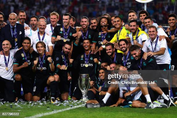 Cristiano Ronaldo of Real Madrid celebrates the win with his team during the UEFA Super Cup match between Real Madrid and Manchester United at...