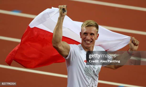 Piotr Lisek of Poland, silver, celebrates after the Men's Pole Vault final during day five of the 16th IAAF World Athletics Championships London 2017...