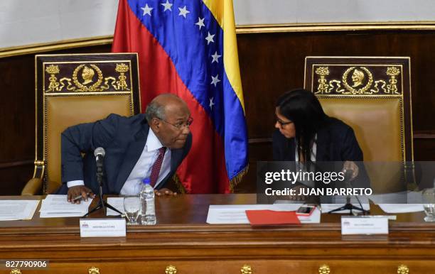 Venezuela's Constituent Assembly's president and vice-president, Delcy Rodriguez and Aristobulo Isturiz respectively, speak during a session in...
