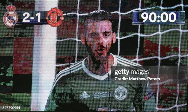 David de Gea of Manchester United appears on the big screen during the UEFA Super Cup match between Real Madrid and Manchester United at Philip II...