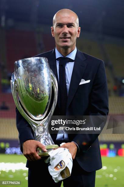 Zinedine Zidane, Manager of Real Madrid with the trophy after the UEFA Super Cup match between Real Madrid and Manchester United at National Arena...