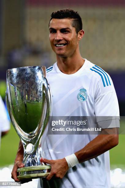 Cristiano Ronaldo of Real Madrid with the trophy after the UEFA Super Cup match between Real Madrid and Manchester United at National Arena Filip II...