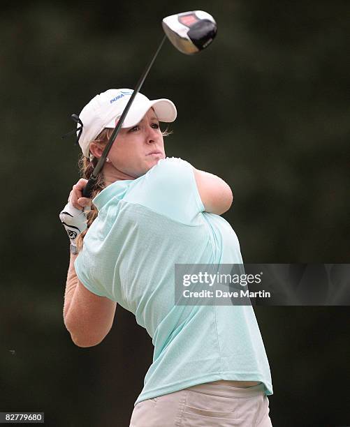 Allison Fouch watches her drive on the 11th tee during first round play in the Bell Micro LPGA Classic at Magnolia Grove Golf Course on September 11,...