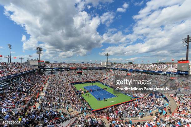 General view of centre court between Denis Shapovalov of Canada and Rogerio Dutra Silva of Brazil during day five of the Rogers Cup presented by...