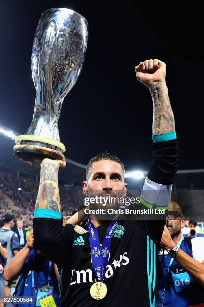 Sergio Ramos of Real Madrid with the trophy after his team won during the UEFA Super Cup match between Real Madrid and Manchester United at National...