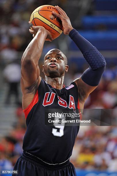 Dwyane Wade of the U.S. Men's Senior National Team shoots a free throw against Angola at the 2008 Beijing Summer Olympics on August 12, 2008 at the...