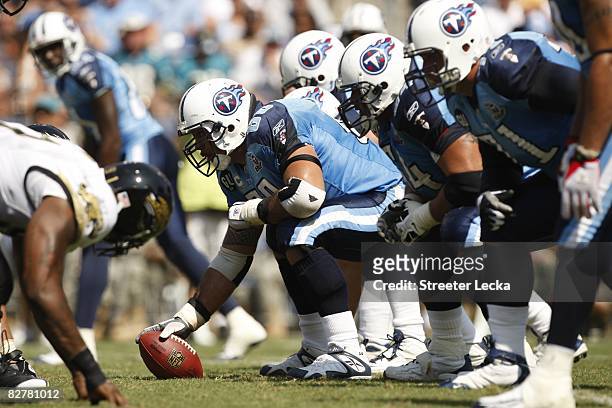 Kevin Mawae of the Tennessee Titans prepares to snap the ball during the game against the Jacksonville Jaguars at LP Field on September 7, 2008 in...