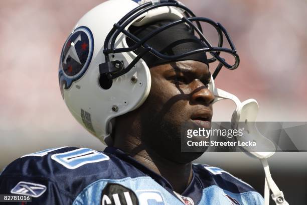 Vince Young of the Tennessee Titans looks on during the game against the Jacksonville Jaguars at LP Field on September 7, 2008 in Nashville,...