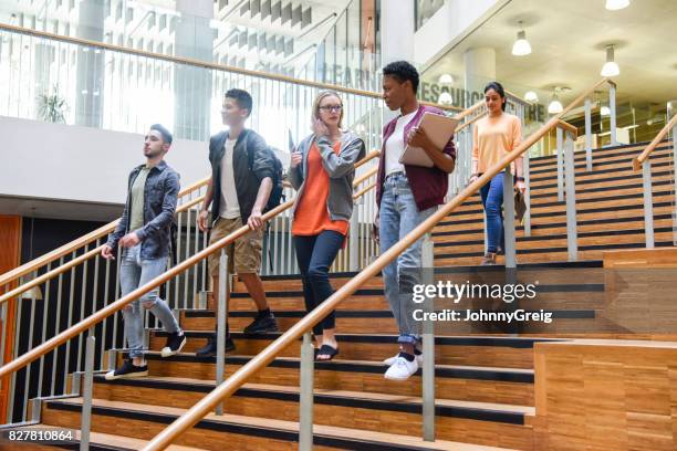 group of students descending wooden stairs in modern college interior - descending a staircase stock pictures, royalty-free photos & images