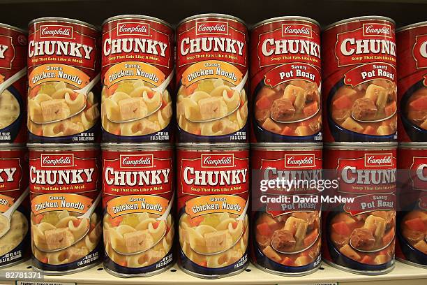 Campbell's Soup products stand on a store shelf on September 11, 2008 in Arcadia, California. The Campbell Soup Co. Reported a 46 percent jump in...