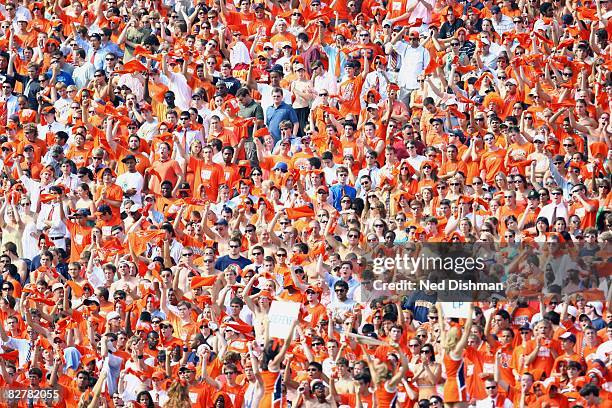 The student section fans of the University of Virginia Cavaliers cheer against the University of Southern California Trojans on August 30, 2008 at...