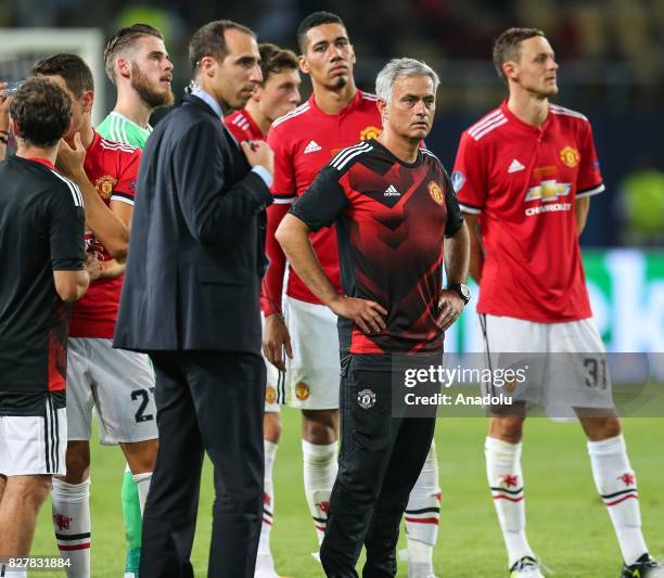 Head Coach of Manchester United Jose Mourinho gestures after Real Madrid wins the UEFA Super Cup title in the final match against Manchester United...