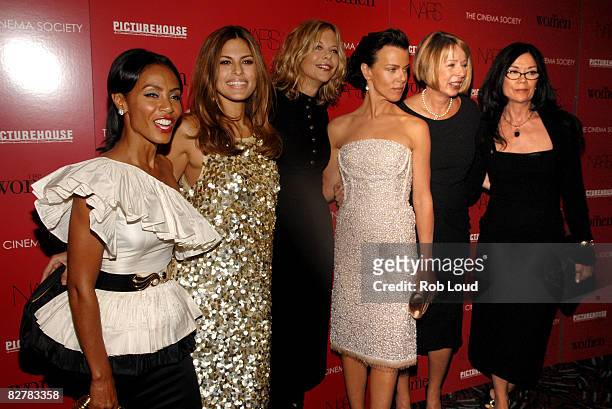 Actresses Jada Pinkett Smith, Eva Mendes, Meg Ryan, Debbie Mazar, director Diane English, and producer Victoria Pearman attend the Cinema Society &...