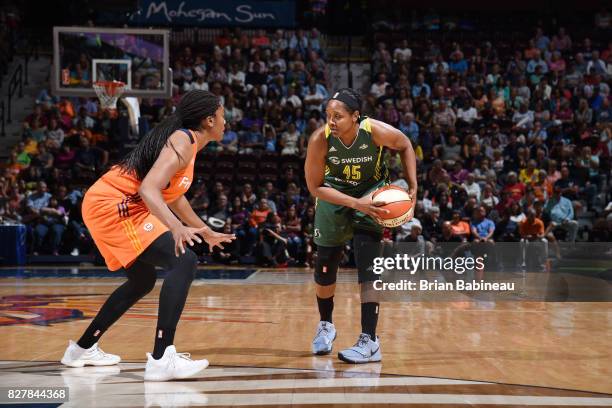 Noelle Quinn of the Seattle Storm handles the ball against the Connecticut Sun on August 8, 2017 at the Mohegan Sun Arena in Uncasville, Connecticut....