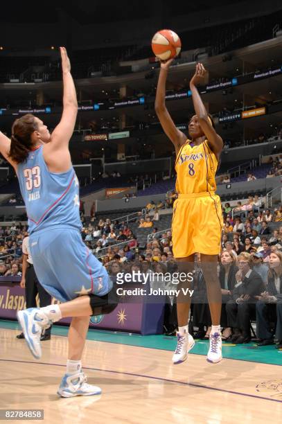 DeLisha Milton-Jones of the Los Angeles Sparks shoots over Alison Bales of the Atlanta Dream on September 11, 2008 at Staples Center in Los Angeles,...