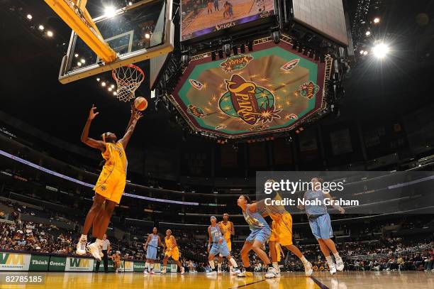 Delisha Milton-Jones of the Los Angeles Sparks blocks a shot from the Atlanta Dream on September 11, 2008 at Staples Center in Los Angeles,...