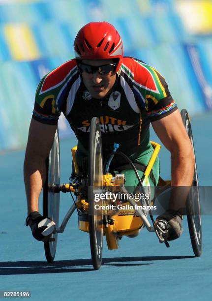 Ernst van Dyk of South Africa competes in the Men's Individual Time Trial HC C at the Triathlon Venue during day six of the 2008 Paralympic Games on...