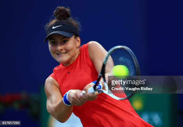 Bianca Andreescu of Canada plays a shot against Timea Babos of Hungary during Day 4 of the Rogers Cup at Aviva Centre on August 8, 2017 in Toronto,...