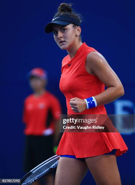 Bianca Andreescu of Canada gestures to her coach in her match against Timea Babos of Hungary during Day 4 of the Rogers Cup at Aviva Centre on August...