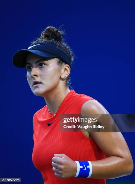 Bianca Andreescu of Canada reacts after winning a point against Timea Babos of Hungary during Day 4 of the Rogers Cup at Aviva Centre on August 8,...