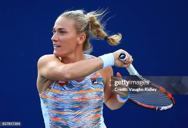 Timea Babos of Hungary plays a shot against Bianca Andreescu of Canada during Day 4 of the Rogers Cup at Aviva Centre on August 8, 2017 in Toronto,...