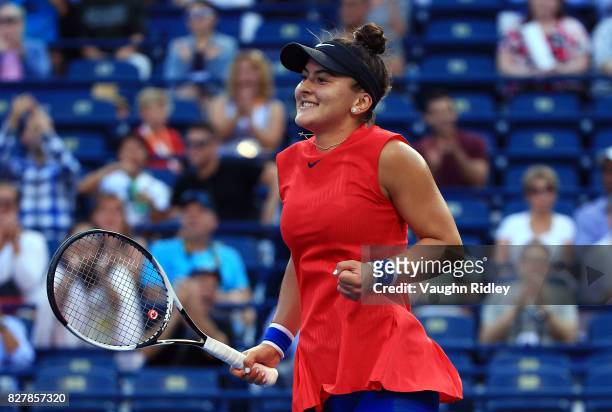 Bianca Andreescu of Canada celebrates a point against Timea Babos of Hungary during Day 4 of the Rogers Cup at Aviva Centre on August 8, 2017 in...