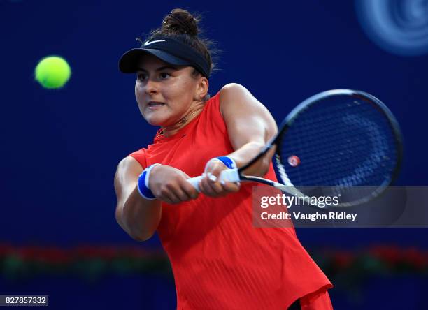 Bianca Andreescu of Canada plays a shot against Timea Babos of Hungary during Day 4 of the Rogers Cup at Aviva Centre on August 8, 2017 in Toronto,...