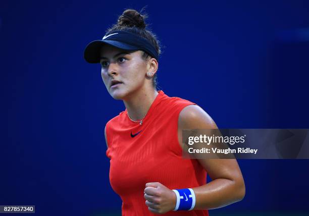 Bianca Andreescu of Canada reacts after winning a point against Timea Babos of Hungary during Day 4 of the Rogers Cup at Aviva Centre on August 8,...