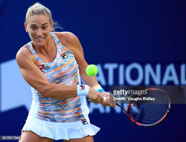 Timea Babos of Hungary plays a shot against Bianca Andreescu of Canada during Day 4 of the Rogers Cup at Aviva Centre on August 8, 2017 in Toronto,...