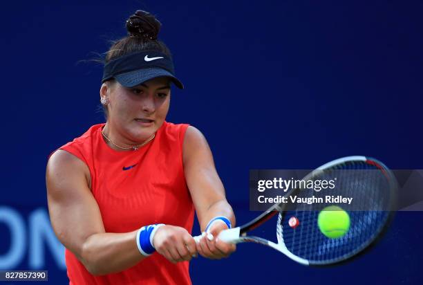 Bianca Andreescu of Canada plays a shot against Timea Babos of Hungary during Day 4 of the Rogers Cup at Aviva Centre on August 8, 2017 in Toronto,...