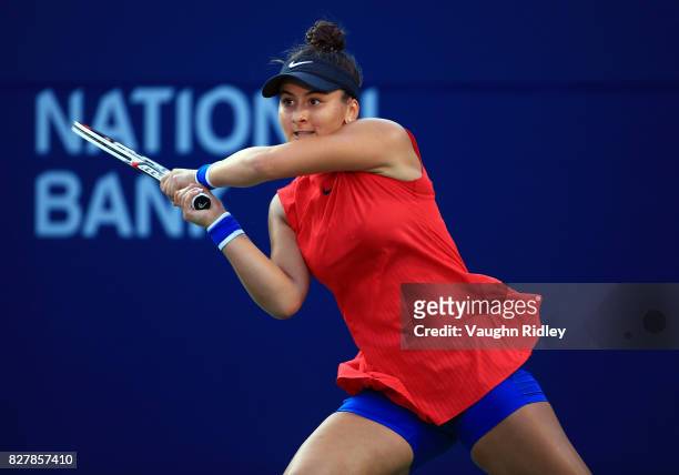 Bianca Andreescu of Canada plays a shot against Timea Babos of Hungary during Day 4 of the Rogers Cup at Aviva Centre on August 8, 2017 in Toronto,...