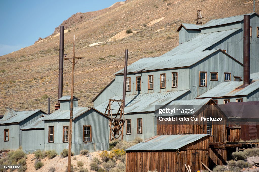 Stamp mill building at Bodie State Historic Park, Gold Mining Ghost Town, California, USA