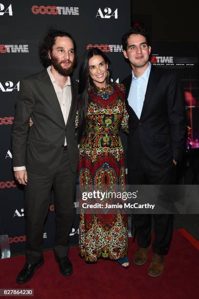 Josh Safdie, Demi Moore and Ben Safdie attend "Good Time" New York Premiere at SVA Theater on August 8, 2017 in New York City.