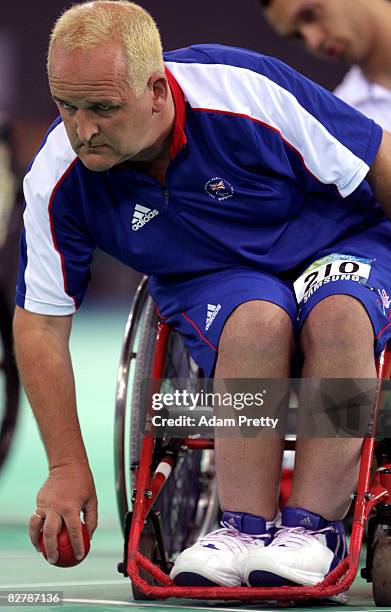 Nigel Murray of Great Britain on his way to winning Gold in the Boccia final between Great Britain and Portugal at the Fencing hall of the National...