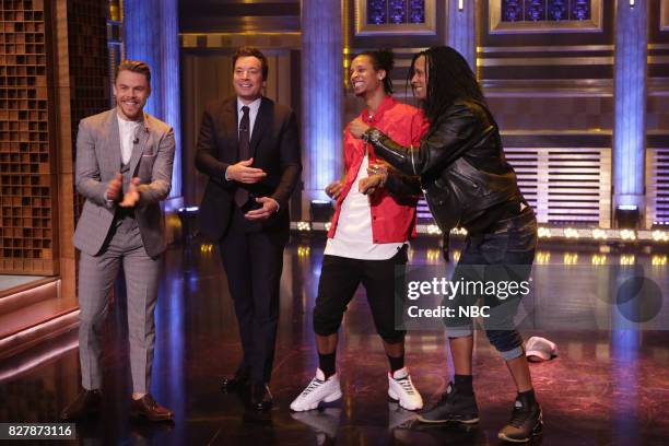 Episode 0721 -- Pictured: Television host Derek Hough, host Jimmy Fallon, and "World of Dance" winners "Les Twins" on August 8, 2017 --