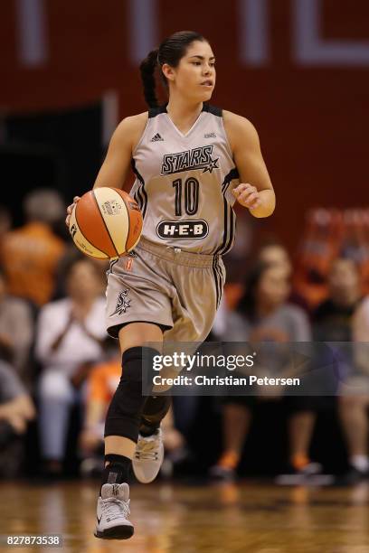 Kelsey Plum of the San Antonio Stars handles the ball during the WNBA game against the Phoenix Mercury at Talking Stick Resort Arena on July 30, 2017...