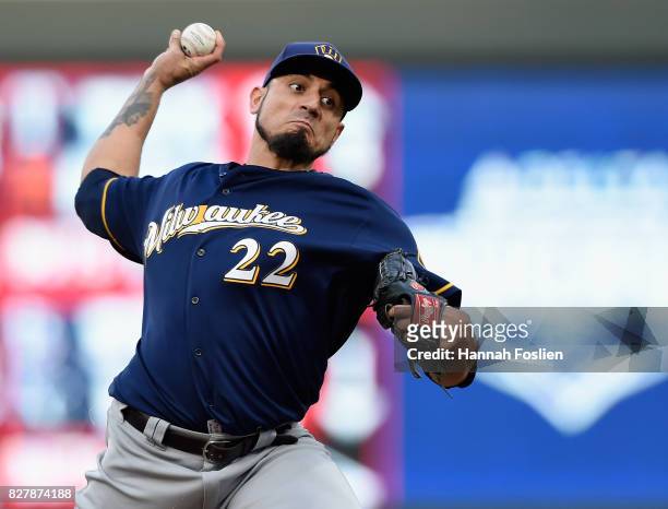 Matt Garza of the Milwaukee Brewers delivers a pitch against the Minnesota Twins during the first inning of the game on August 8, 2017 at Target...
