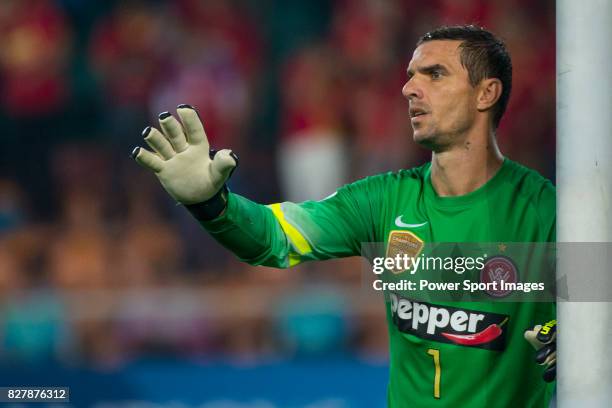 Western Sydney Wanderers goalkeeper Ante Covic gestures during the AFC Champions League 2015 Group Stage H between Guangzhou Evergrande vs Western...