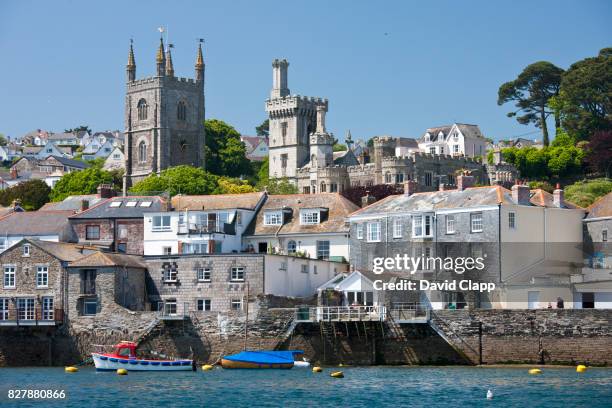 the town of fowey from the river - río fowey fotografías e imágenes de stock