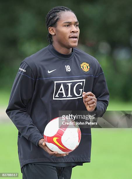Manucho of Manchester United in action during a First Team Training Session at Carrington Training Ground on September 12 2008 in Manchester, England.
