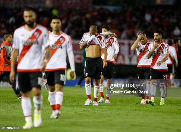 Players of River Plate leave the field at the end of the first half during a second leg match between River Plate and Guarani as part of round of 16...