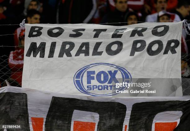 Fans of River Plate display a banner before a second leg match between River Plate and Guarani as part of round of 16 of Copa CONMEBOL Libertadores...