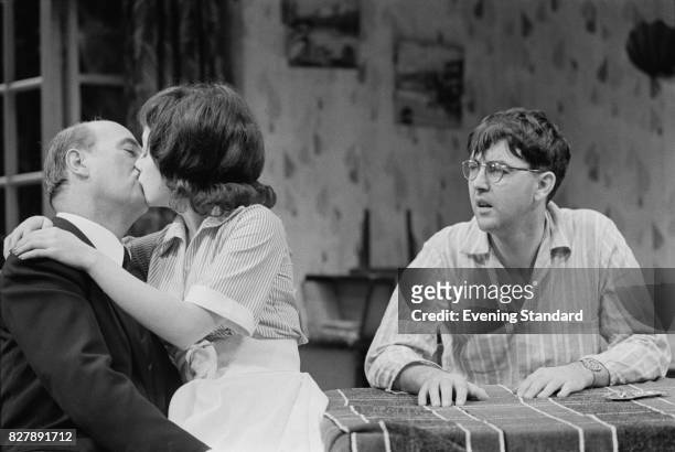 Scene from the Harold Pinter play 'The Birthday Party' at the Shaw Theatre, London, 17th January 1975. The cast includes Sydney Tafler, Paula Wilcox,...
