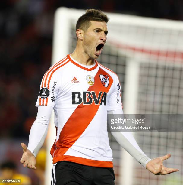 Lucas Alario of River Plate celebrates after scoring the first goal of his team during a second leg match between River Plate and Guarani as part of...
