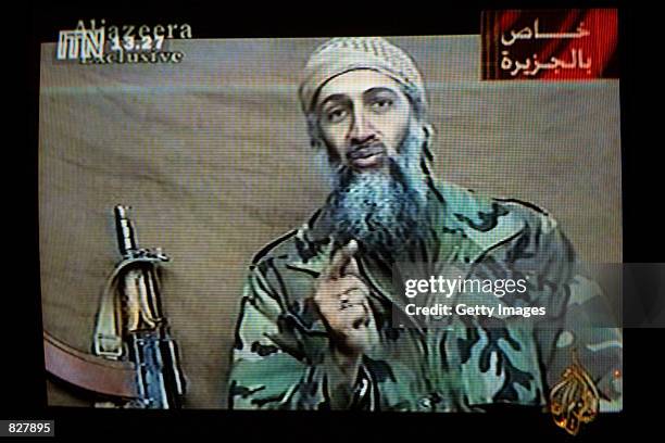 Videotape released by Al-Jazeera TV featuring Osama Bin Laden is broadcast in Britain December 27, 2001. The tape, estimated to have been recorded...