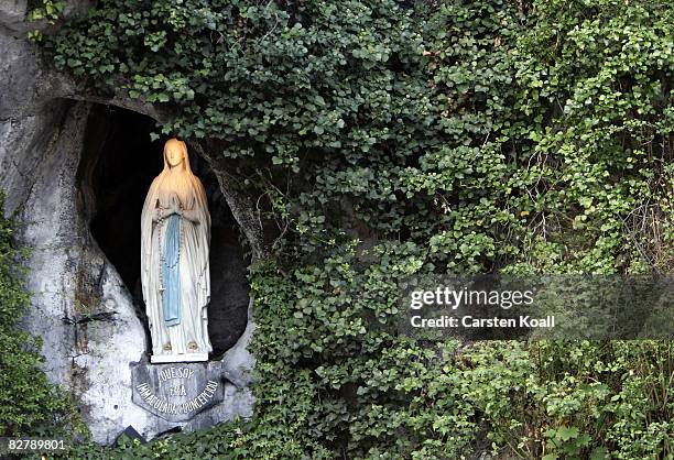 The Statue of Our Lady of Lourdes at the entrance to the Grotto of Massabielle on September 12, 2008 in Lourdes, France. Pope Benedict XVI will...