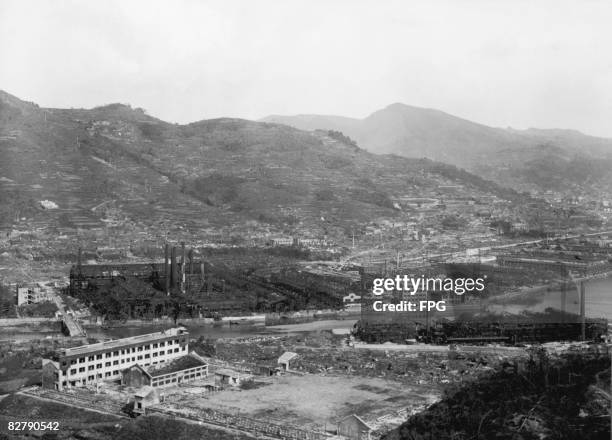 The Urakami Valley in the Japanese city of Nagasaki, soon after the atomic bomb 'Fat Man' was dropped on the city by a B.29 Superfortress bomber of...